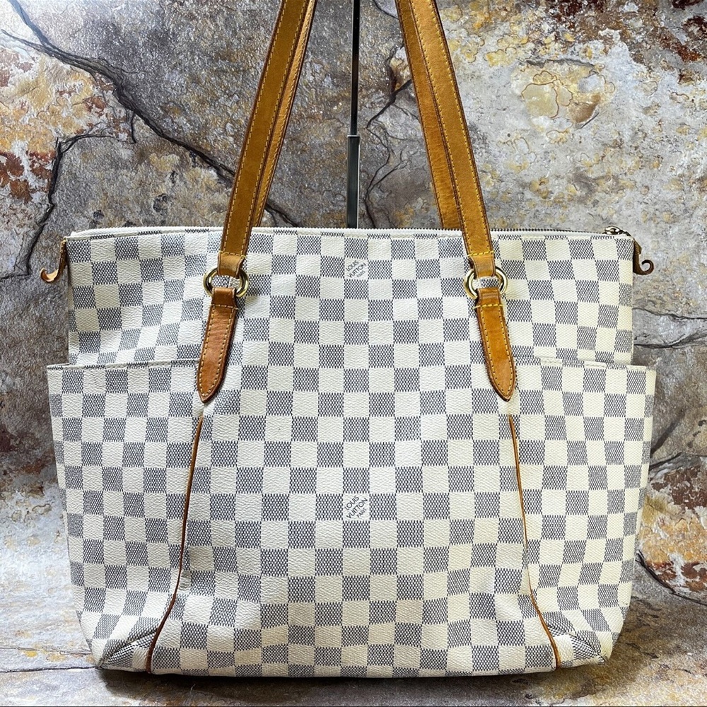 Louis Vuitton Totally Damier Azur MM Checkered Tote with Tan Leather Straps
